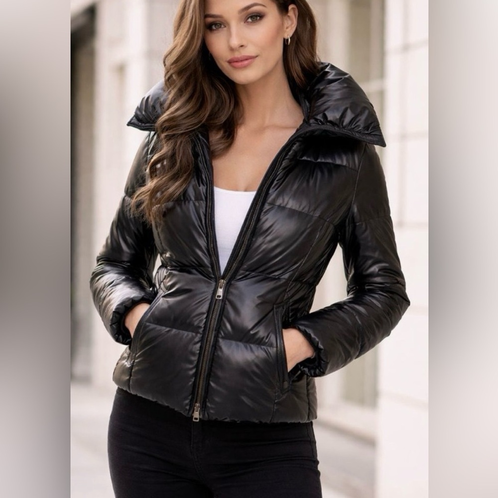 Add Black Leather Puffer Goose Down Jacket Size 34 / XSmall